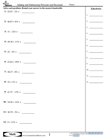 Adding and Subtracting Percents and Decimals Worksheet - Adding and Subtracting Percents and Decimals worksheet